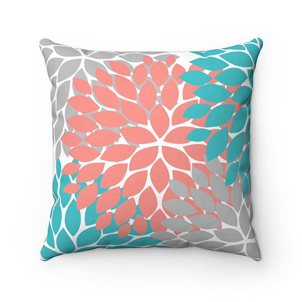 Coral, Gray Aqua Flower Burst Decorative Throw Pillow PIL33