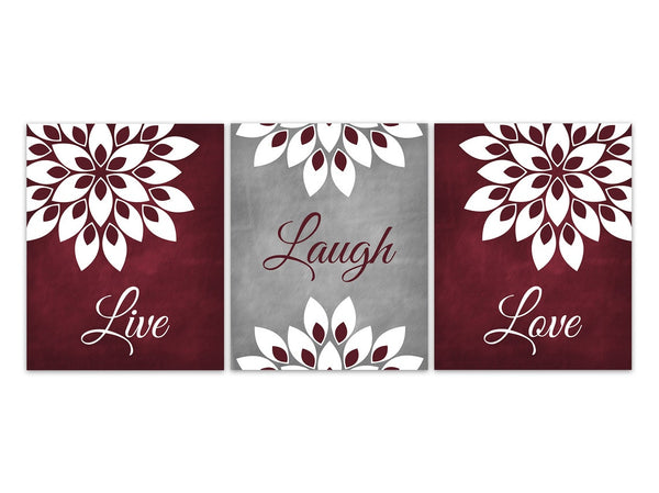 Burgundy and Gray Floral Wall Art Print Set "Live Laugh Love" - HOME733