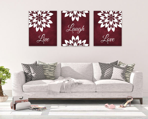 Burgundy and White Floral Wall Art Print Set "Live Laugh Love" - HOME732