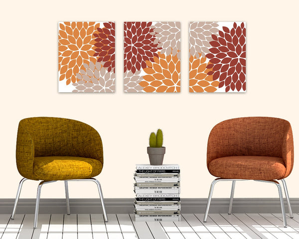 Red Orange and Tan Floral Wall Art Print Set - HOME721