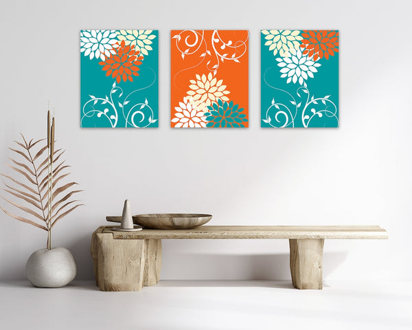 Teal and Orange Floral Wall Art Print Set - HOME844