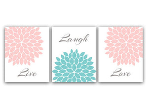 "Live Laugh Love" Pink and Aqua Floral Wall Art Set - HOME21