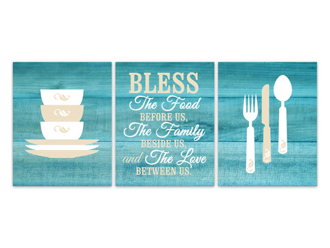 Bless The Food Before Us Kitchen Quote Wall Art, Teal Dining Room, Prayer Wall Art, Fork and Spoon Wall Decor, Stacking Bowls - HOME341