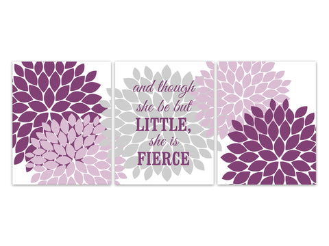 Purple and Gray Nursery CANVAS Prints, Though She Be But Little She Is Fierce, Nursery Wall Art, New Baby Gift, Floral Nursery Art - KIDS305