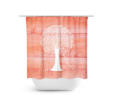 Farmhouse Coral & White Tree Fabric Shower Curtain - SHOWER6
