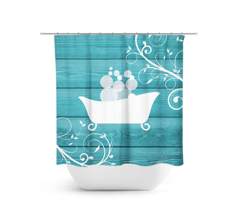 Farmhouse Turquoise & White Clawfoot Bathtub Fabric Shower Curtain - SHOWER30