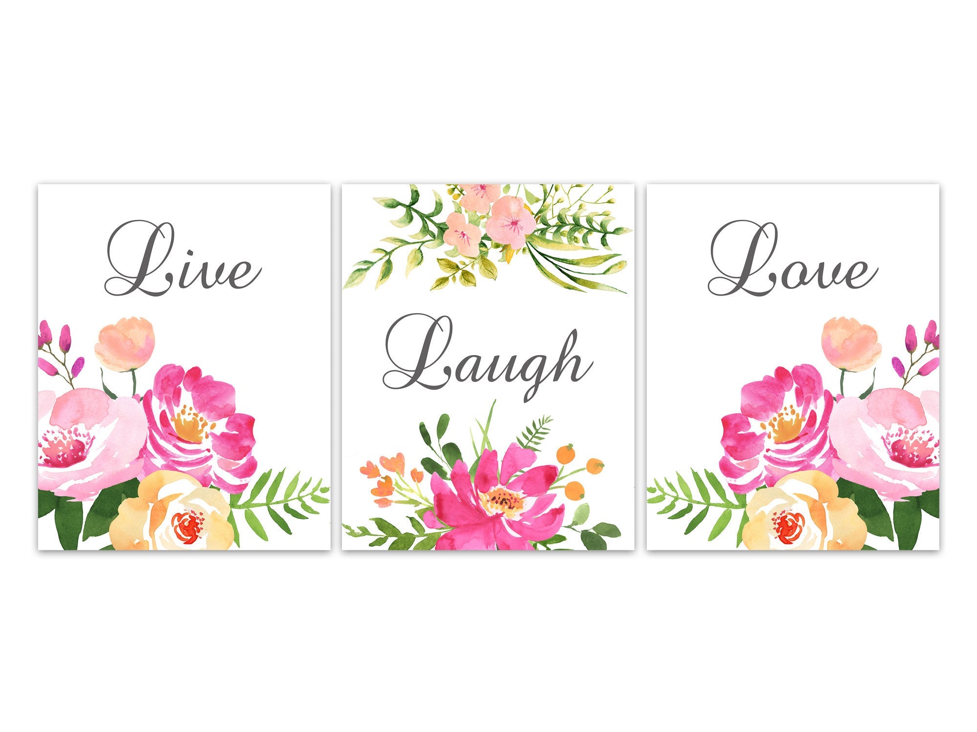 Live Laugh Love Home Decor Wall Art Prints or Canvas, Pink Floral Bedroom Wall Decor, Watercolor Floral Artwork, Living Room Decor - HOME455
