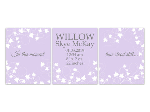 Girls Birth Stats Canvas or Wall Art Prints, In This Moment Time Stood Still Quote, Baby Girl Birth Print, Lavender Nursery Decor - KIDS320