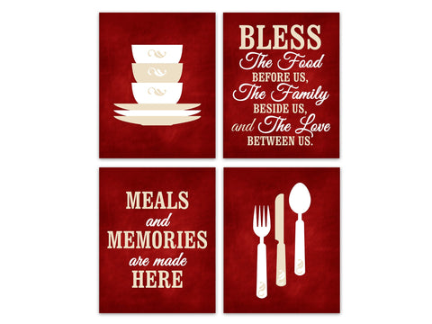 Red Dining Room 4pc Wall Art, "Meals & Memories Are Made Here", "Bless the Food Before Us" - HOME512