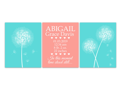Coral Aqua Nursery Decor, Dandelion Birth Stats CANVAS or Prints, In This Moment Time Stood Still, Birth Announcement Wall Art - KIDS323