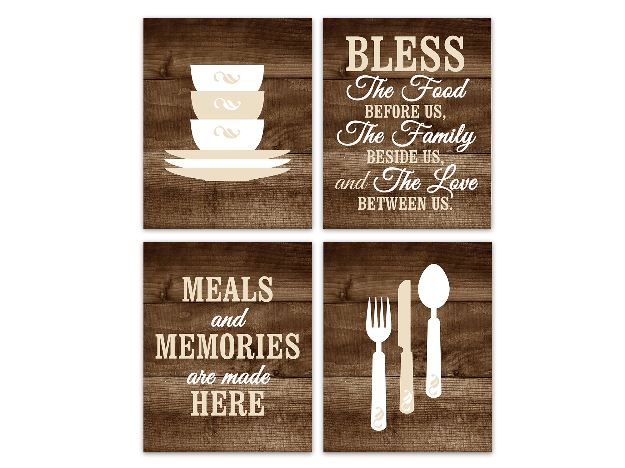 Rustic Dining Room 4pc Art, "Meals & Memories Are Made Here", "Bless the Food Before Us" - HOME513