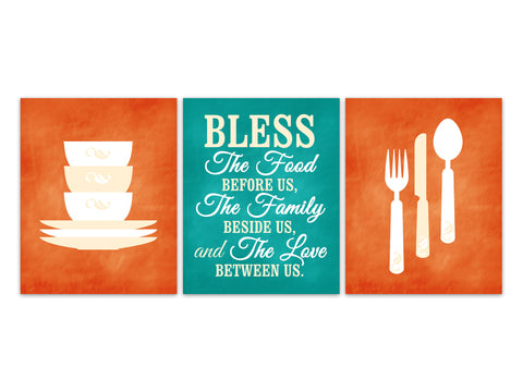 Bless The Food Before Us Kitchen Quote Wall Art, Teal Orange Dining Room, Prayer Wall Art, Fork Spoon Wall Decor, Stacking Bowls - HOME463