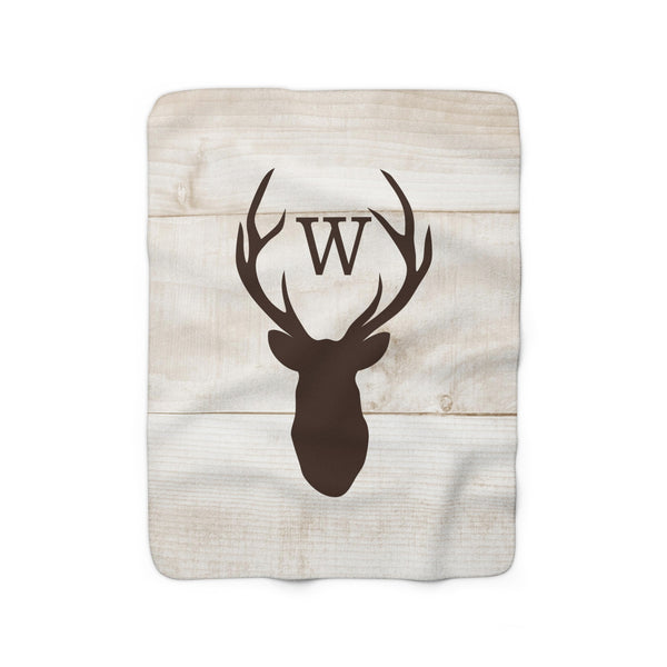 Tan Monogram Deer Head Antler Sherpa Fleece Blanket, Personalized Rustic Cabin Blanket - SFB19