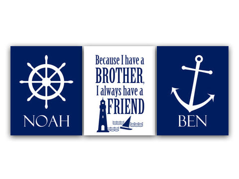 Personalized Nautical Brothers 3pc Art "Because I Have a Brother, I Always Have a Friend" - KIDS66