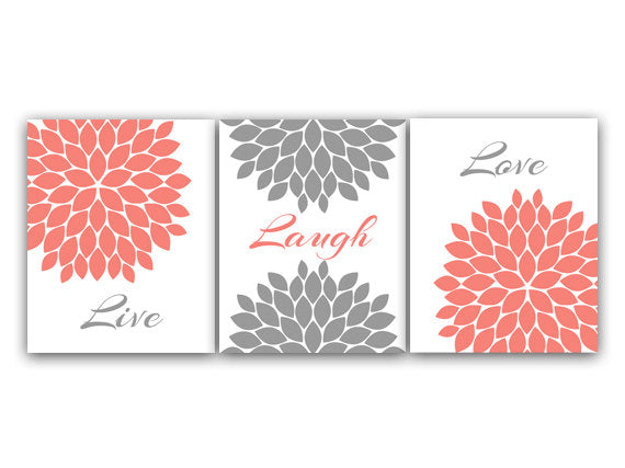 Home Decor CANVAS Wall Art, Live Laugh Love, Coral Wall Art, Flower Burst Bathroom Wall Decor, Coral and Grey Bedroom Wall Art - HOME62