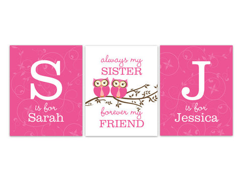 Personalized Hot Pink Owls Sisters 3pc Wall Art "Always My Sister, Forever My Friend" - KIDS154