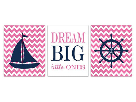 Pink Nautical Wall Art, Dream Big Little One CANVAS Print, Baby Girl Nursery Art Print, Girl Room Wall Art, Chevron Nursery Decor - KIDS197