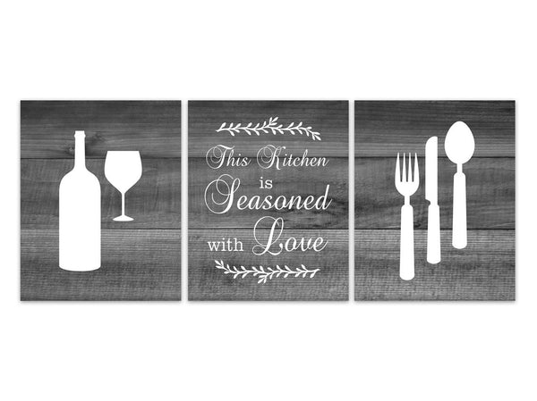This Kitchen is Seasoned with Love, Gray Farmhouse Kitchen Decor, Rustic Kitchen CANVAS, Kitchen Quote Artwork, Fork Spoon Knife - HOME452