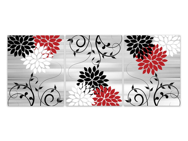 Red Black and Gray Floral Wall Art Print Set - HOME836