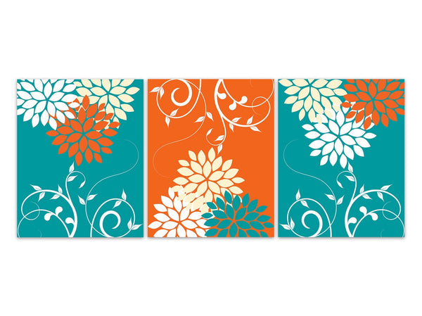 Teal and Orange Floral Wall Art Print Set - HOME844