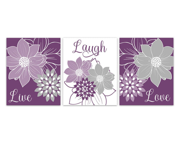Purple  Floral Wall Art Print Set "Live Laugh Love" - HOME1087