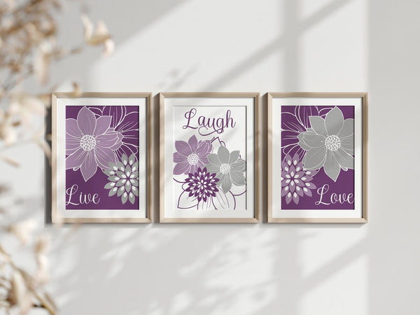 Purple  Floral Wall Art Print Set "Live Laugh Love" - HOME1087