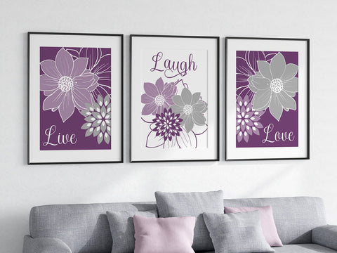 Purple  Floral Wall Art Print Set "Live Laugh Love" - HOME1087
