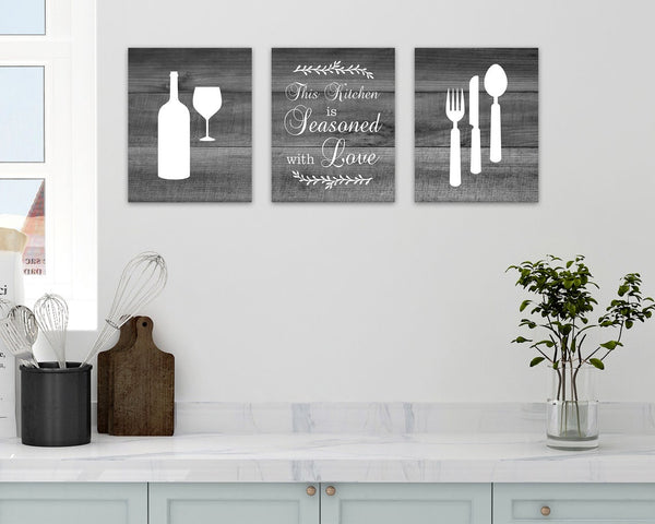 This Kitchen is Seasoned with Love, Gray Farmhouse Kitchen Decor, Rustic Kitchen CANVAS, Kitchen Quote Artwork, Fork Spoon Knife - HOME452