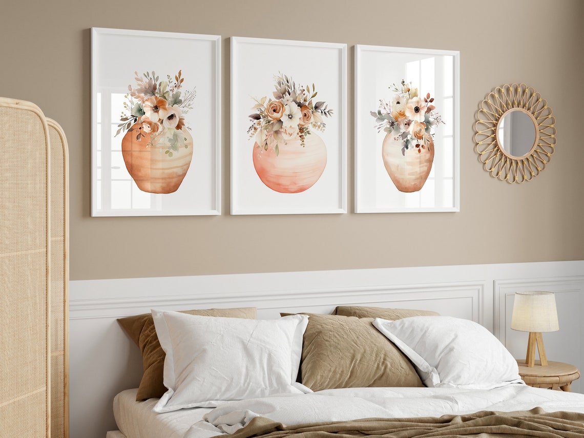 Peach Color Watercolor Floral Wall Art Print Set - HOME1104
