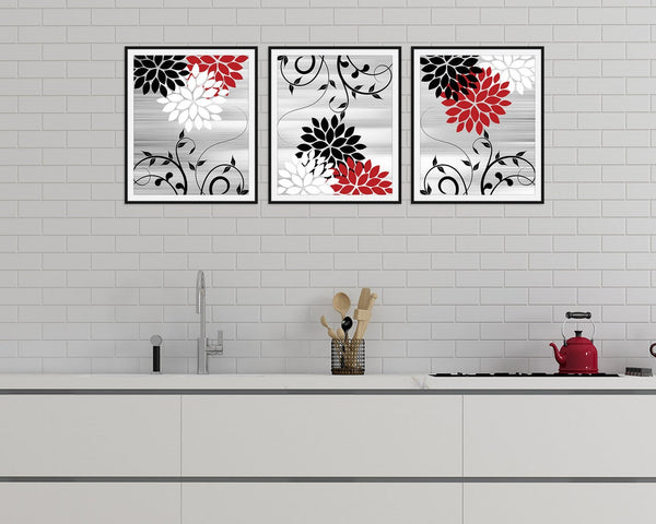 Red Black and Gray Floral Wall Art Print Set - HOME836
