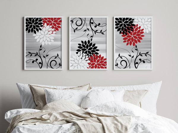 Red Black and Gray Floral Wall Art Print Set - HOME836