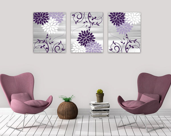 Purple and Gray Scroll Floral Wall Art Print Set - HOME838