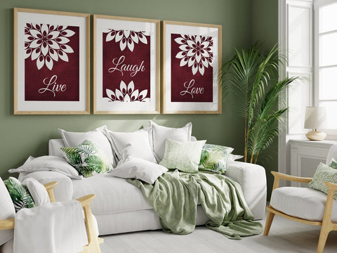 Burgundy and White Floral Wall Art Print Set "Live Laugh Love" - HOME732