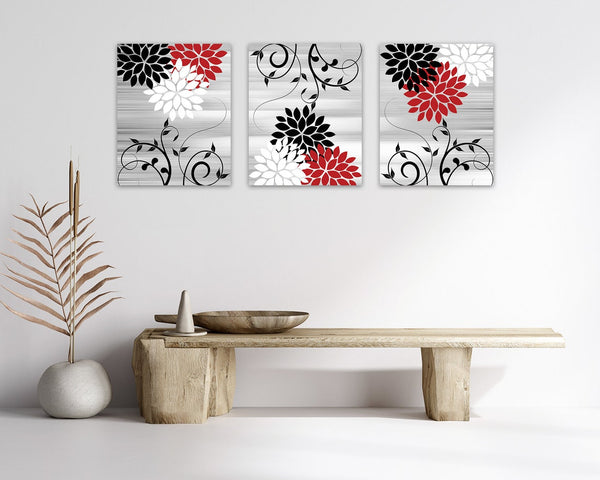 Red Black and Gray Floral Wall Art Print Set - HOME836