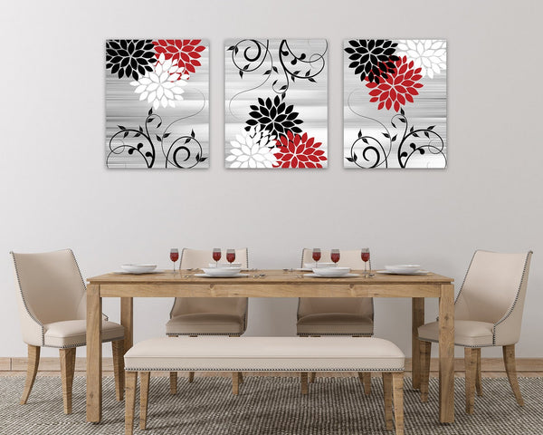 Red Black and Gray Floral Wall Art Print Set - HOME836
