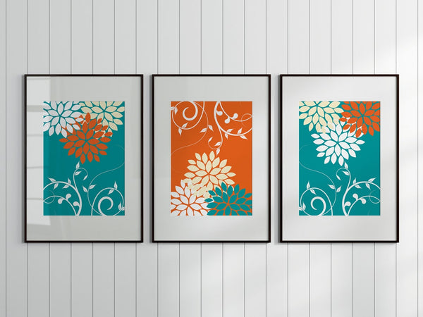 Teal and Orange Floral Wall Art Print Set - HOME844