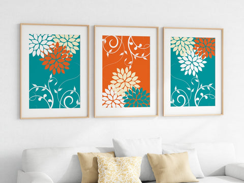 Teal and Orange Floral Wall Art Print Set - HOME844