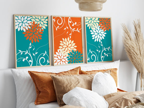 Teal and Orange Floral Wall Art Print Set - HOME844