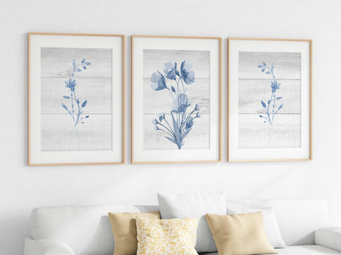 Farmhouse Decor Soft Blue Watercolor Floral Wall Art Print Set - HOME802