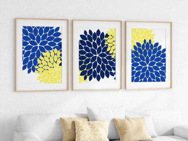 Wall Art 3pc Set | Flower Burst Dahlia | Blue, Navy Blue, and Yellow - HOME44