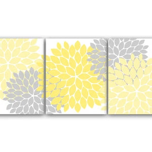 Wall Art 3pc Set | Yellow and Gray Flower Burst Dahlia - HOME37
