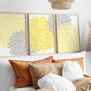 Wall Art 3pc Set | Yellow and Gray Flower Burst Dahlia - HOME37