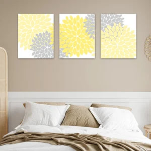 Wall Art 3pc Set | Yellow and Gray Flower Burst Dahlia - HOME37