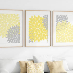 Wall Art 3pc Set | Yellow and Gray Flower Burst Dahlia - HOME37