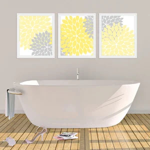 Wall Art 3pc Set | Yellow and Gray Flower Burst Dahlia - HOME37