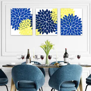 Wall Art 3pc Set | Flower Burst Dahlia | Blue, Navy Blue, and Yellow - HOME44