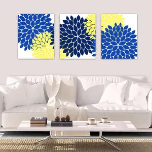 Wall Art 3pc Set | Flower Burst Dahlia | Blue, Navy Blue, and Yellow - HOME44