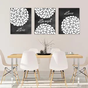 Mockup of the three panels in stretched canvas format in a dining room setting.