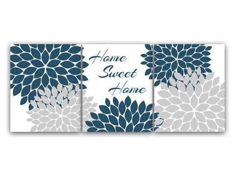 "Home Sweet Home" Slate Blue Wall Art, Flower Burst Bathroom Wall Decor, Blue and Grey Bedroom Wall Art - HOME55