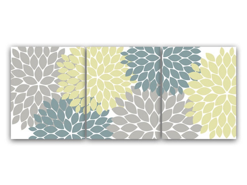 Home Decor Wall Art, Modern Grey Slate Blue Cream Dahlia Flower Burst Artwork, Set of 3 Bedroom Bathroom Home Wall Decor - HOME72
